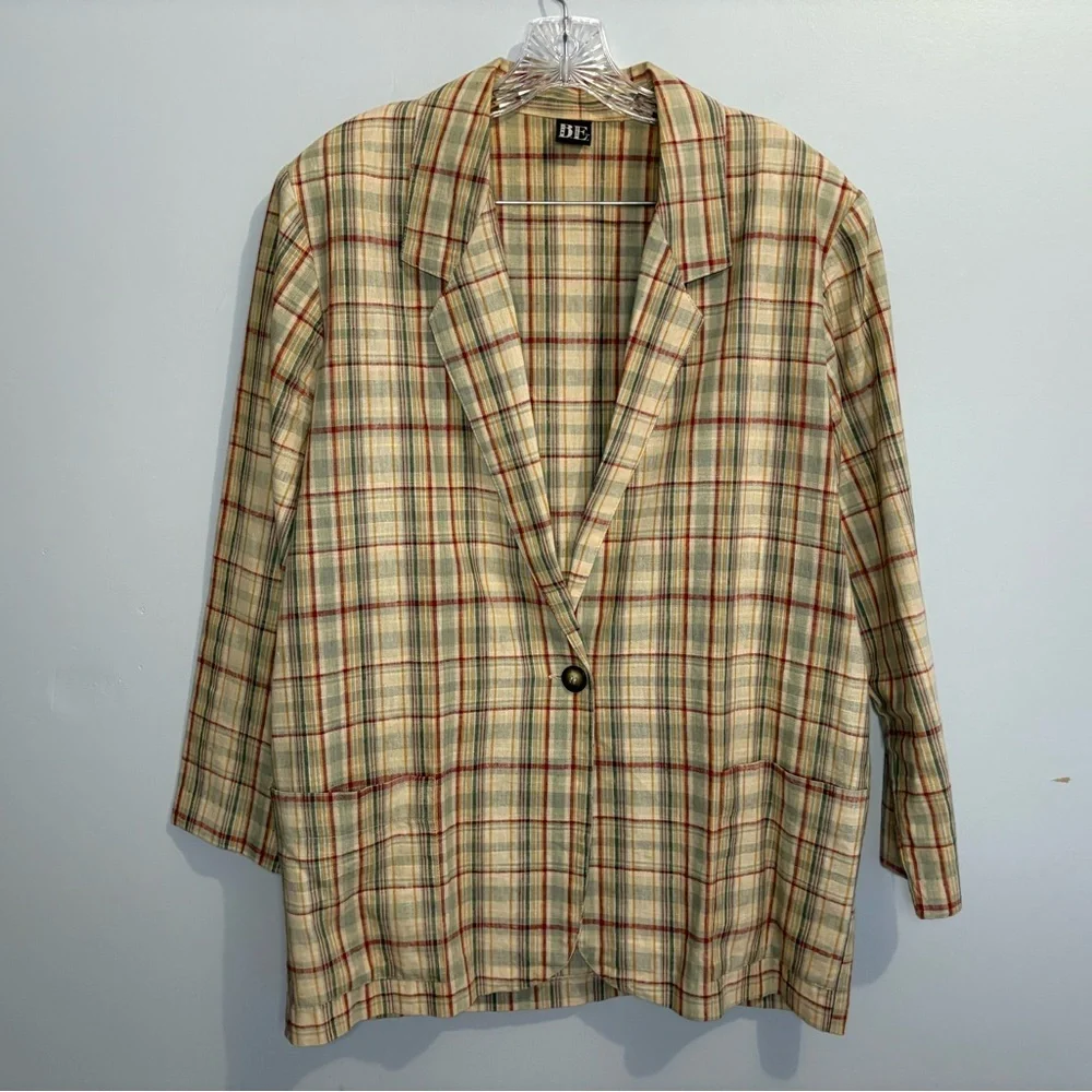 Vintage Basic Editions Women’s XL Blazer Plaid Linen Long Sleeve Collared Boxy